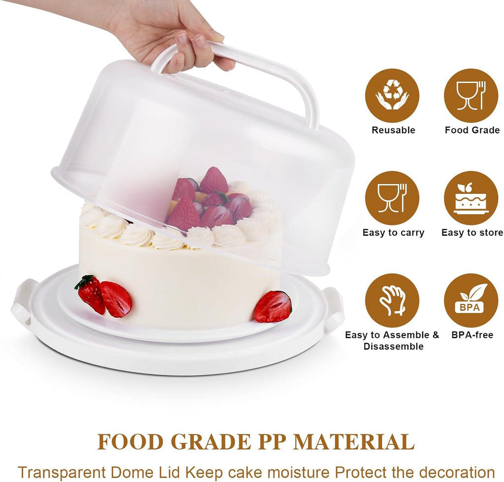 Cake Carrier with Lid and Handle, Multipurpose Cake Stand Fits 10 inch Cake, Cupcake Containers for 11 Cupcakes，Cake Holder Serves as Five Section Serving Tray, Portable Cake Carriers, White