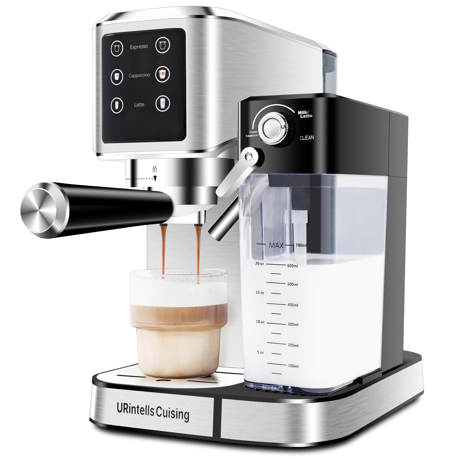 Ekspres do kawy URintells Cuising Espresso 20 Bar, ekran dotykowy do kawy z automatycznym spieniaczem do mleka do cappuccino latte, ekspres do kawy espresso z podwójnym systemem grzewczym i podwójną pompą