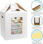 3 Pack Tall Cake Boxes for Tier Cakes 12x12x14 Inch Disposable Layer Tall Baking Carrier with Window Large Tierd Bakery Take Out Transport Containers with Handle for Wedding, Birthday, Party