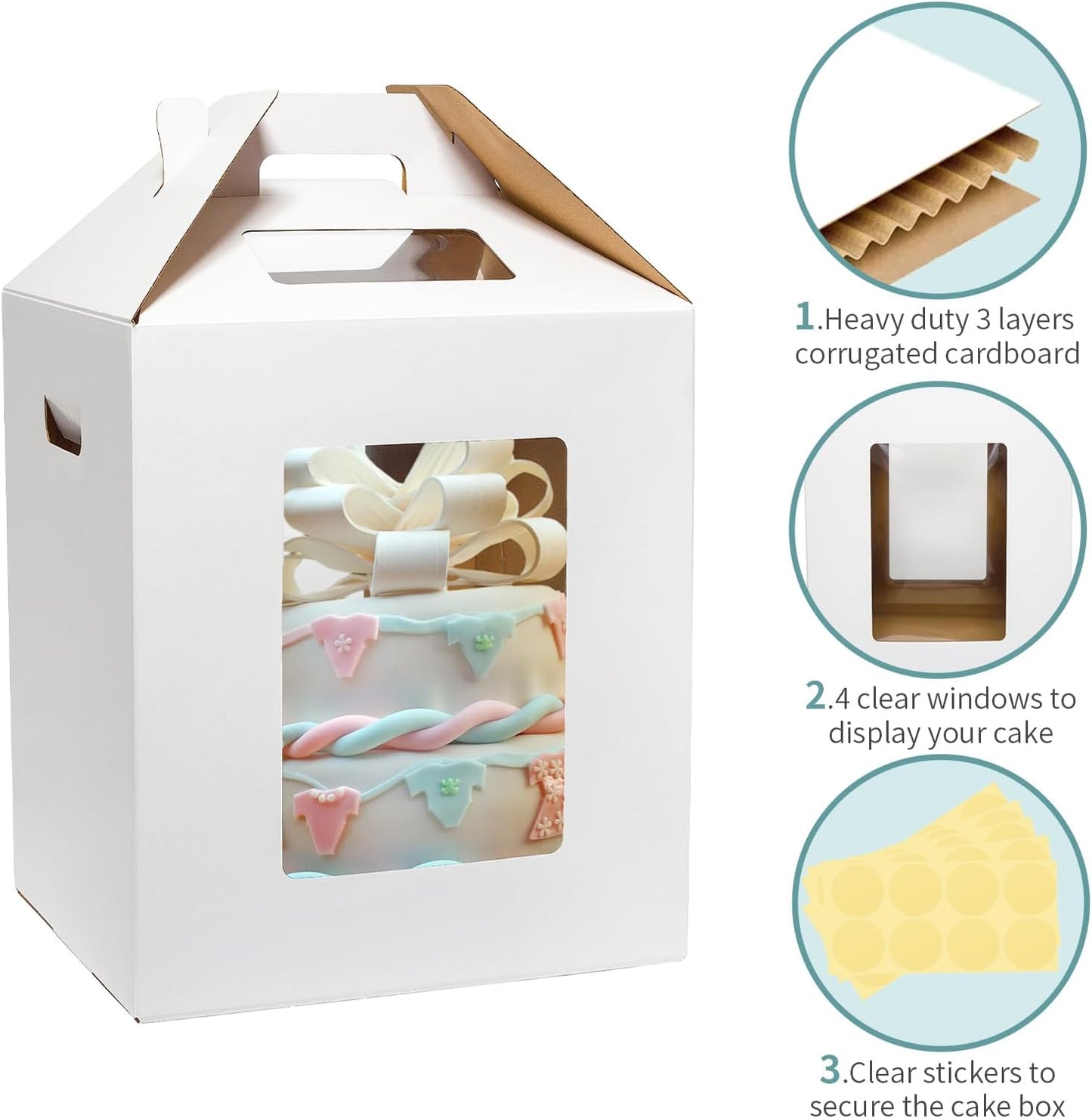 3 Pack Tall Cake Boxes for Tier Cakes 12x12x14 Inch Disposable Layer Tall Baking Carrier with Window Large Tierd Bakery Take Out Transport Containers with Handle for Wedding, Birthday, Party