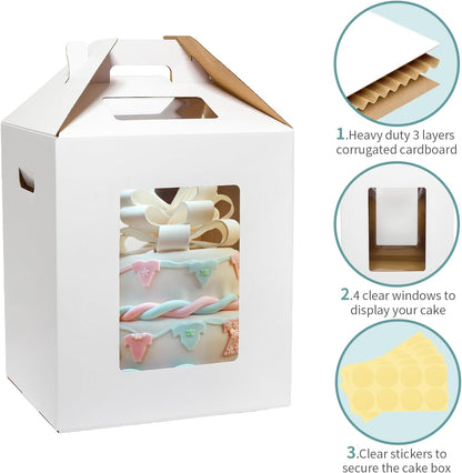 3 Pack Tall Cake Boxes for Tier Cakes 12x12x14 Inch Disposable Layer Tall Baking Carrier with Window Large Tierd Bakery Take Out Transport Containers with Handle for Wedding, Birthday, Party