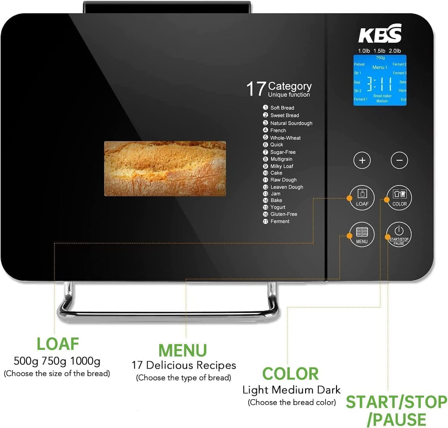 KBS Pro Stainless Steel Bread Machine, 2LB 17-in-1 Programmable XL Bread Maker with Fruit Nut Dispenser, Nonstick Ceramic Pan& Digital Touch Panel, 3 Loaf Sizes 3 Crust Colors, Reserve& Keep Warm Set