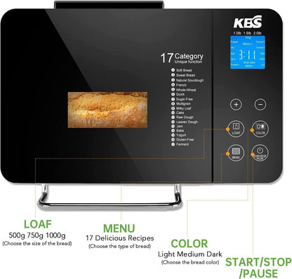 KBS Pro Stainless Steel Bread Machine, 2LB 17-in-1 Programmable XL Bread Maker with Fruit Nut Dispenser, Nonstick Ceramic Pan& Digital Touch Panel, 3 Loaf Sizes 3 Crust Colors, Reserve& Keep Warm Set