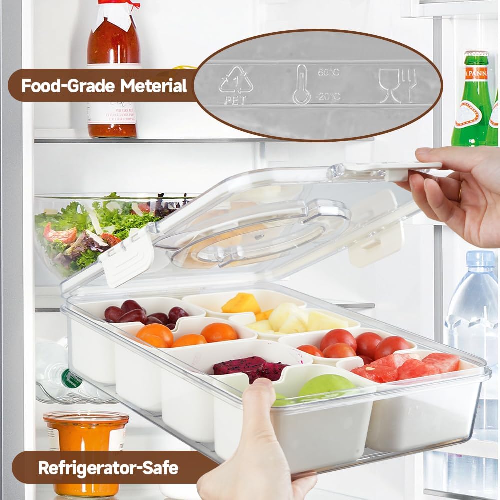 Snackle Box Container, 3rd Gen Vegetable Tray with Lid, Divided Serving Tray with Lid and Handle, 8 Compartment Veggie Platter, Snack Box Container, Food Organizer for Nuts, Candy, Fruits