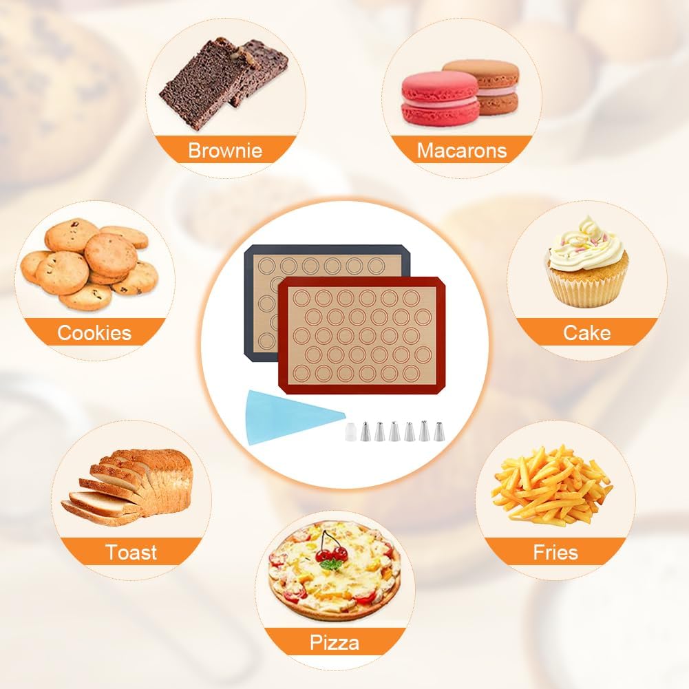 16Pcs Macaron Silicone Baking Mats Kit, Reusable Nonstick Macarons Baking Supplies Silicone Bakeware Mats with Baking Tools for Oven, Cookie, Bread(Brown,Size:16.5x11.6inch)