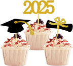 2025 Graduation Cupcake Toppers, 48 PCS Food/Appetizer Picks For Graduation Party Mini Cake Decorations, Diploma, 2025, Grad Cap Set 48 Pieces (01 Gold)