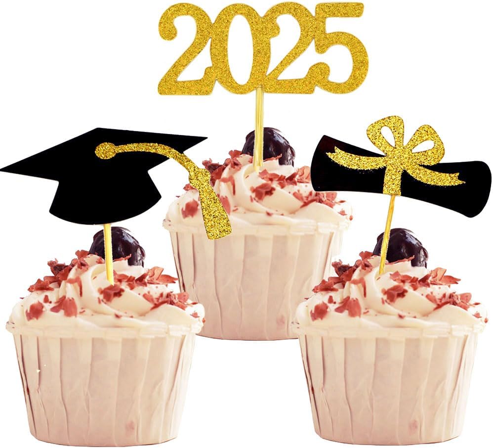 2025 Graduation Cupcake Toppers, 48 PCS Food/Appetizer Picks For Graduation Party Mini Cake Decorations, Diploma, 2025, Grad Cap Set 48 Pieces (01 Gold)