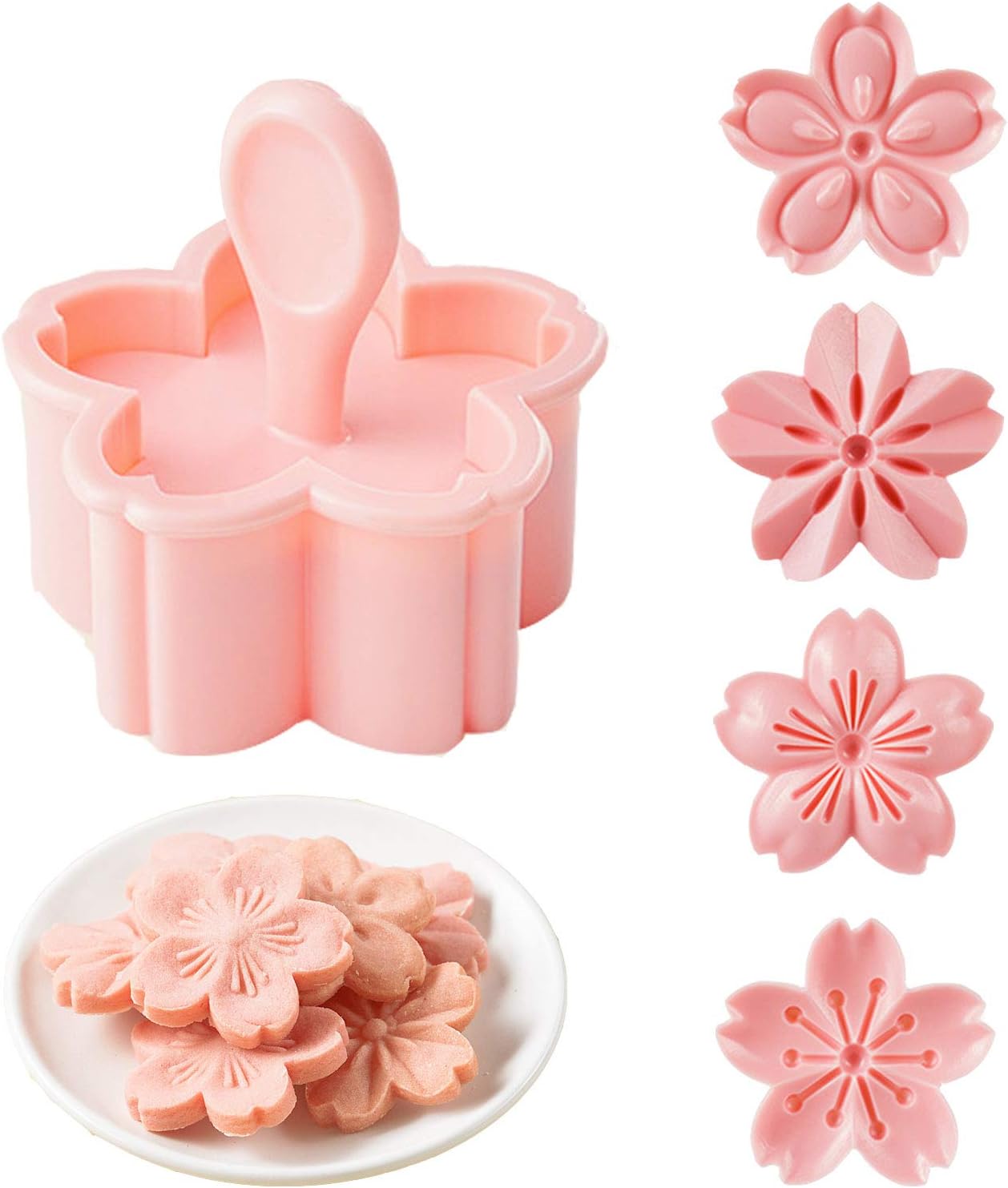 Cookie Press, 4 Styles Cookie Stamps Cherry Blossom Cookie Cutters Mold for Flower Cookies Pastry Accessories (Pink)