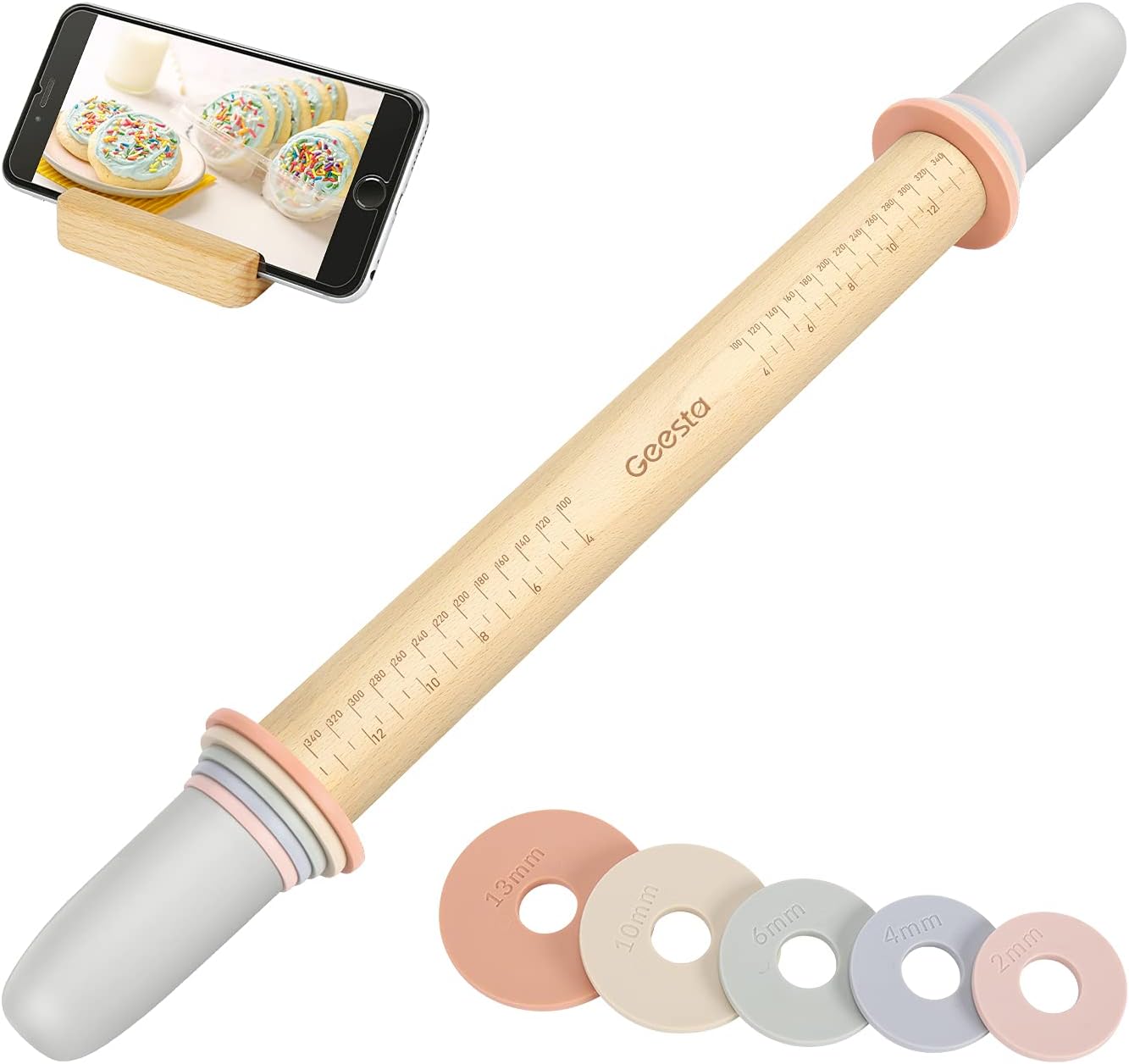 Geesta Adjustable Wood Rolling Pin with 5 Thickness Rings, Precise Dough Roller Handle Press Design with Measurement Guide for Fondant, Pizza, Pie Crust, Cookie, Pastry Baking Decorating Accessories
