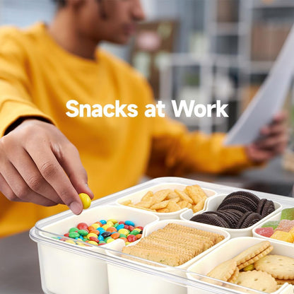 Snackle Box Container, 3rd Gen Vegetable Tray with Lid, Divided Serving Tray with Lid and Handle, 8 Compartment Veggie Platter, Snack Box Container, Food Organizer for Nuts, Candy, Fruits