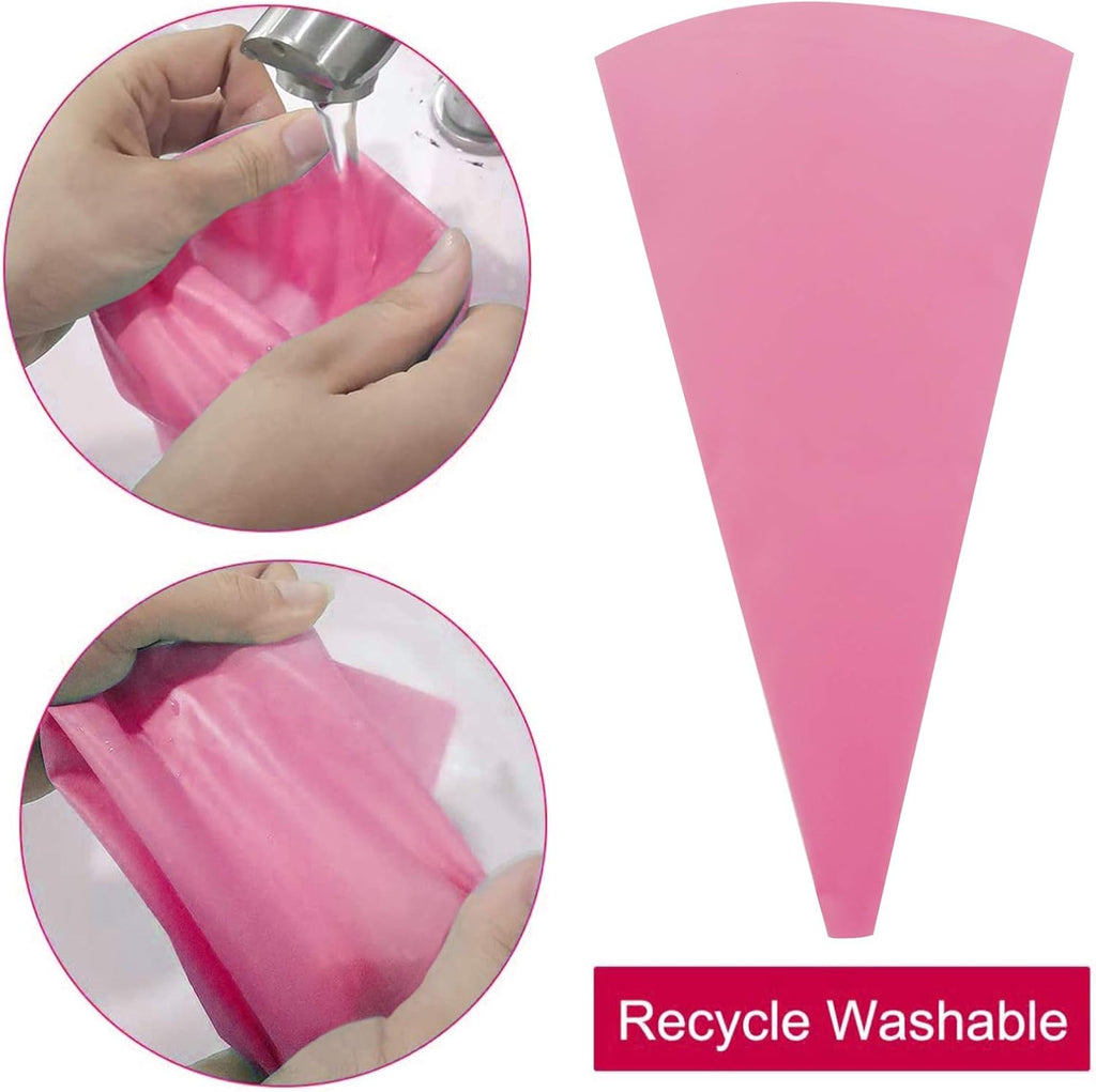 22pcs Piping Bags and Tips set,2 Reusable Silicone Pastry Bag with 14 Stainless Steel Nozzle Icing Tips Set, 3 Icing Smoother & 2 Couplers &1Sealing clip for Baking Decorating Cake Tool (Pink)