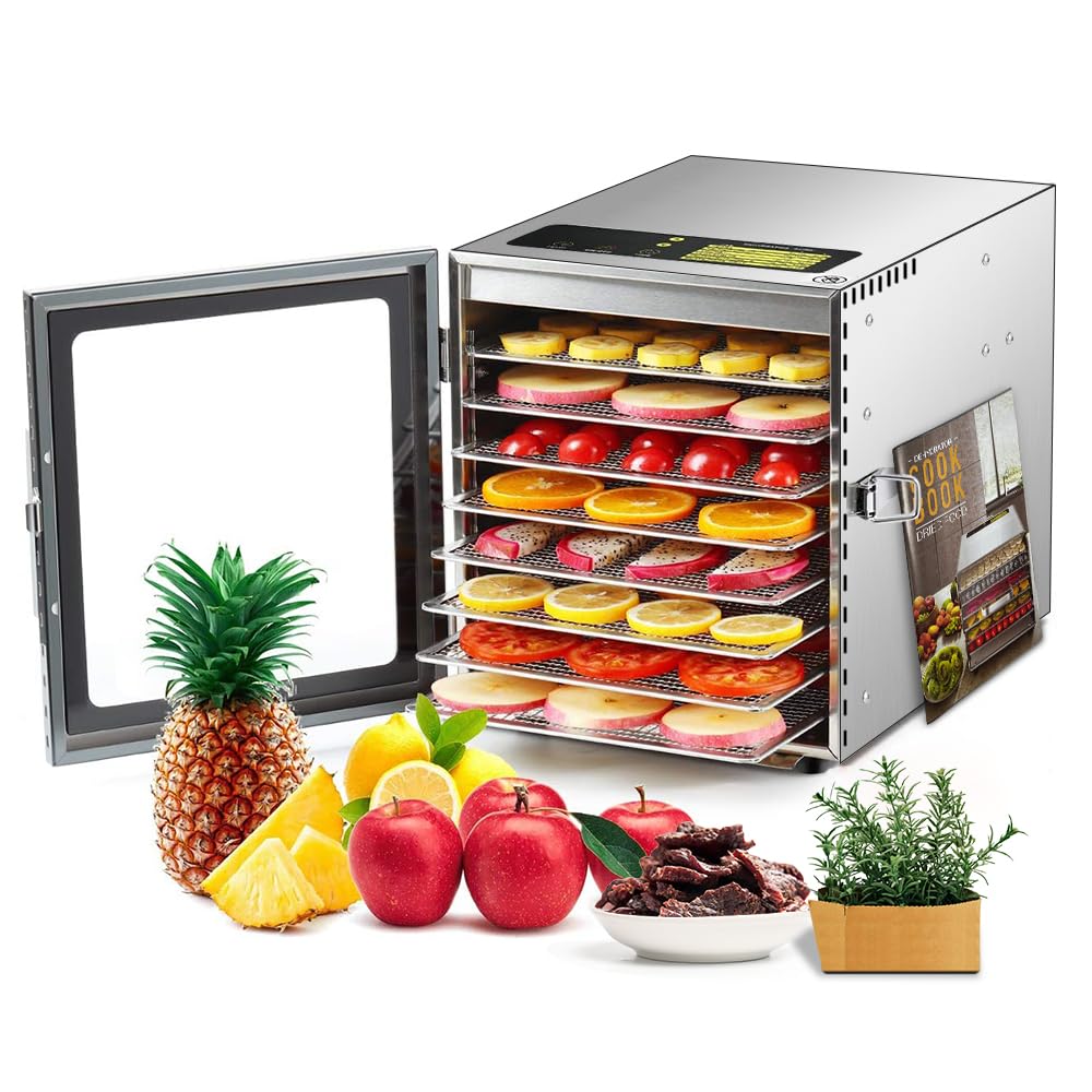 Cercker Food-Dehydrator Machine 8 Stainless Steel Trays, 500W Dehydrator for Herbs, Jerky Dehydrator for Meat, 190ºF Mushroom Dehydrator, 24H Timer Fruits Dehydrator, Veggies, Yogurt & Dog Treats