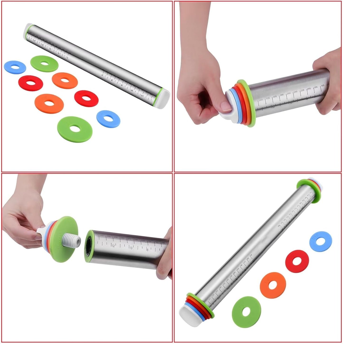Stainless Steel Rolling Pin and Silicone Mat Set, Adjustable Thickness Rings - For Baking Dough, Pizza, Pies, Pastries, Pasta, Cookies