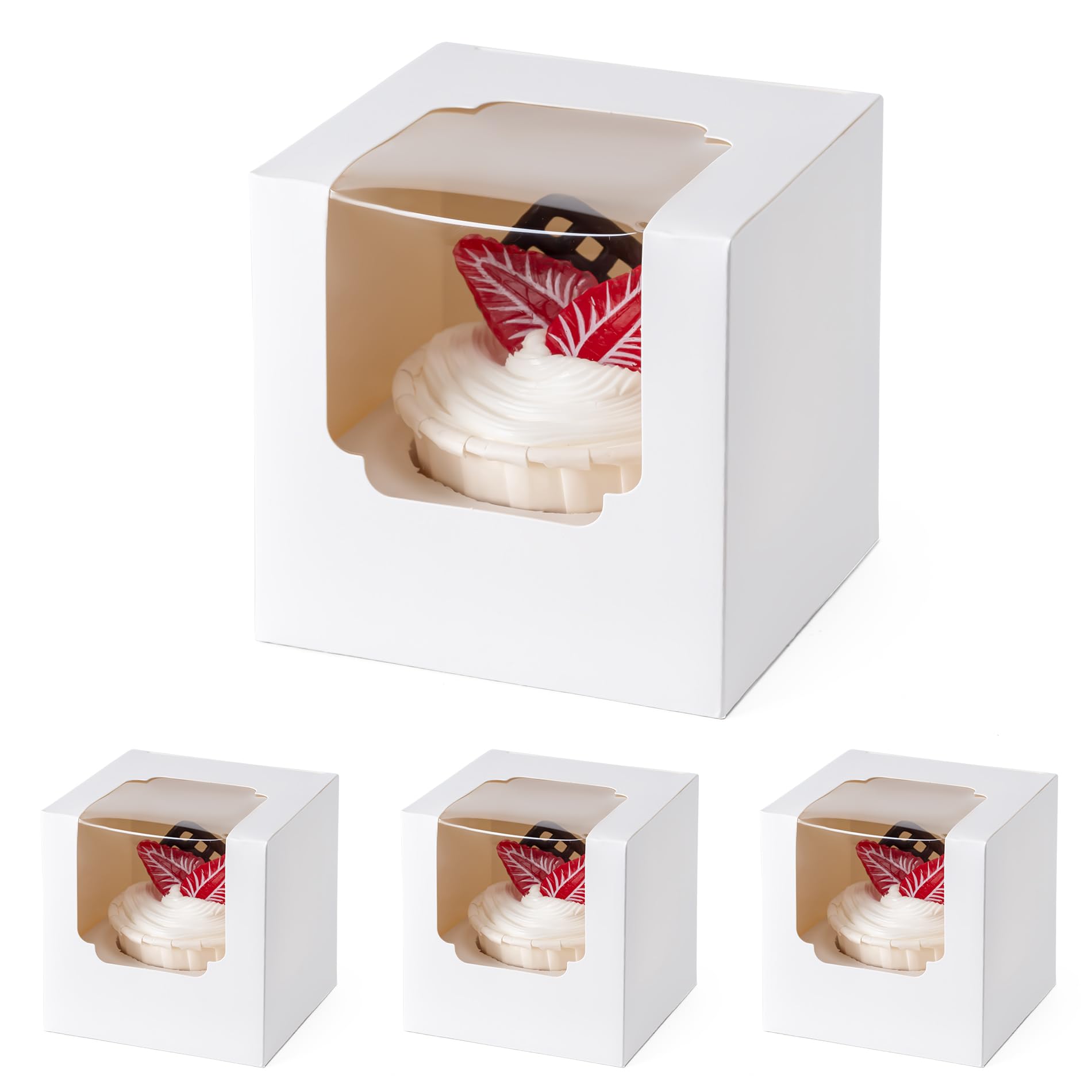 BOOMIBOO 50 Pack Individual Cupcake Containers, Cupcake Boxes with Window, Food Grade Cupcake Holders with Inserts, Stackable Deep Cupcake Carrier (White)