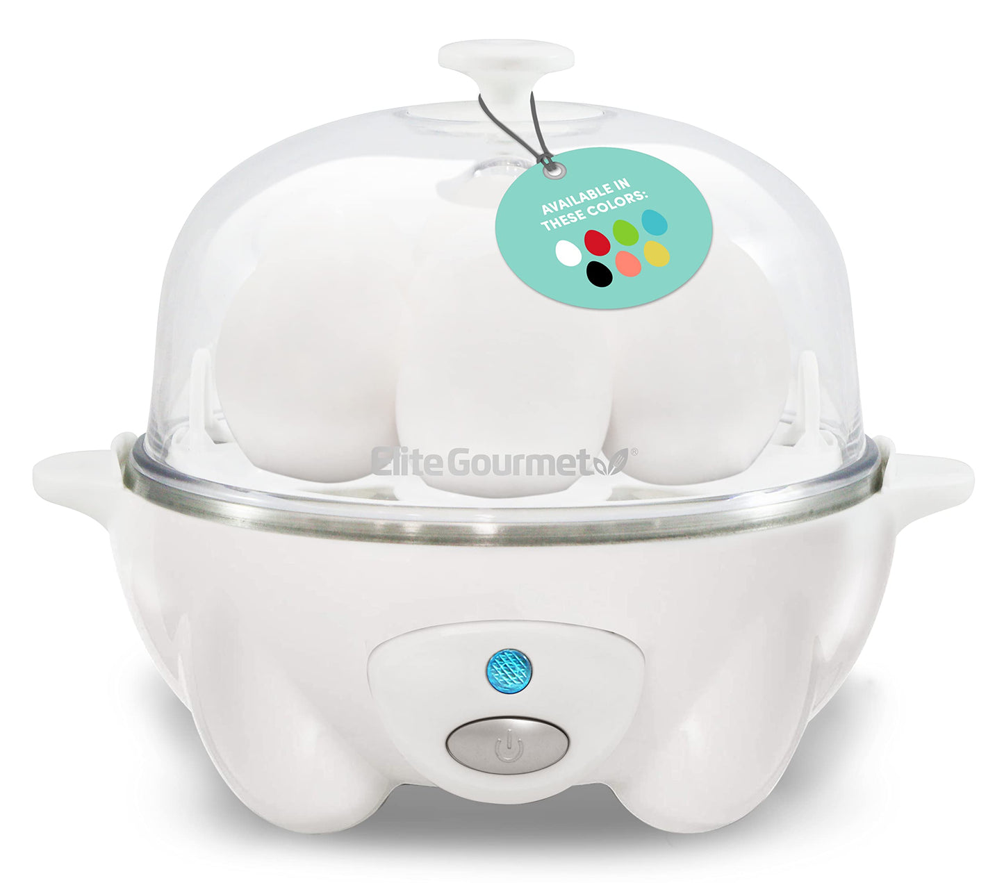 Elite Gourmet EGC-007## Rapid Egg Cooker, 7 Easy-To-Peel, Hard, Medium, Soft Boiled Eggs, Poacher, Omelet Maker, Auto Shut-Off, Alarm, 16-Recipe Booklet, White