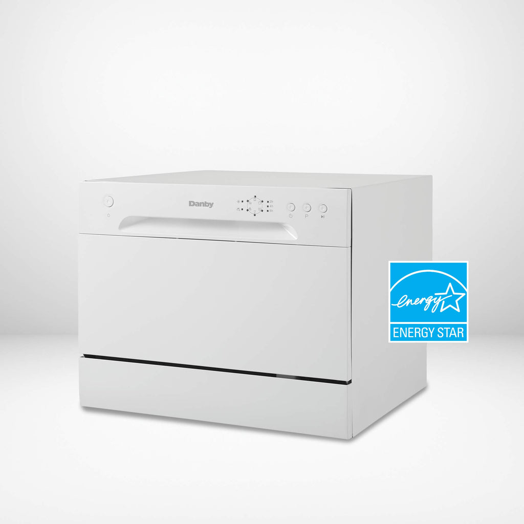 Настільна посудомийна машина Danby DDW621WDB з 6 комплектами посуду, 6 циклами миття та кошиком для столових приборів, рейтингом Energy Star, низьким споживанням води та тихою роботою, білого кольору