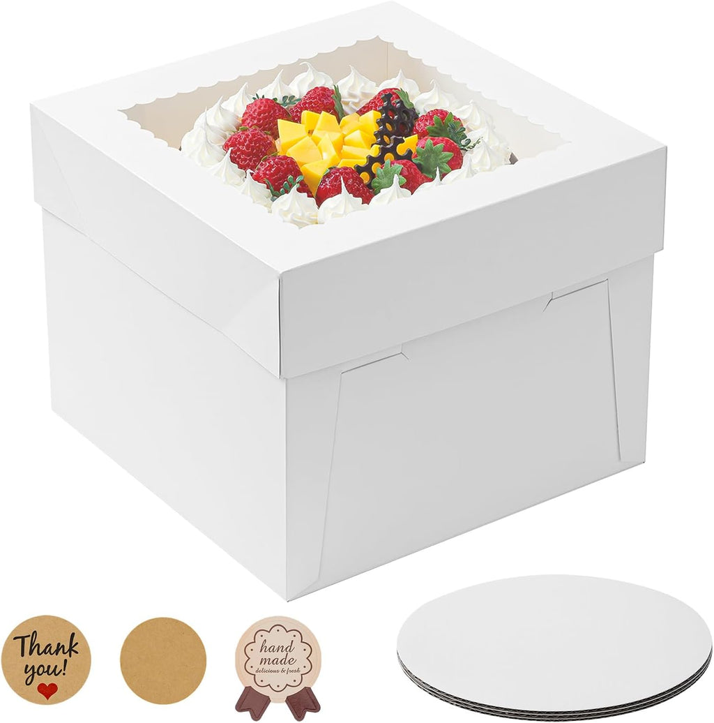 3 Pack Cake Boxes, 10x10x8 Inches Tall Cake Box with Cake Boards, White Bakery Boxes with Window, Disposable Cake Containers with Lids for Cake, Donuts, Pies, Cookies, Wedding, Birthday, Party