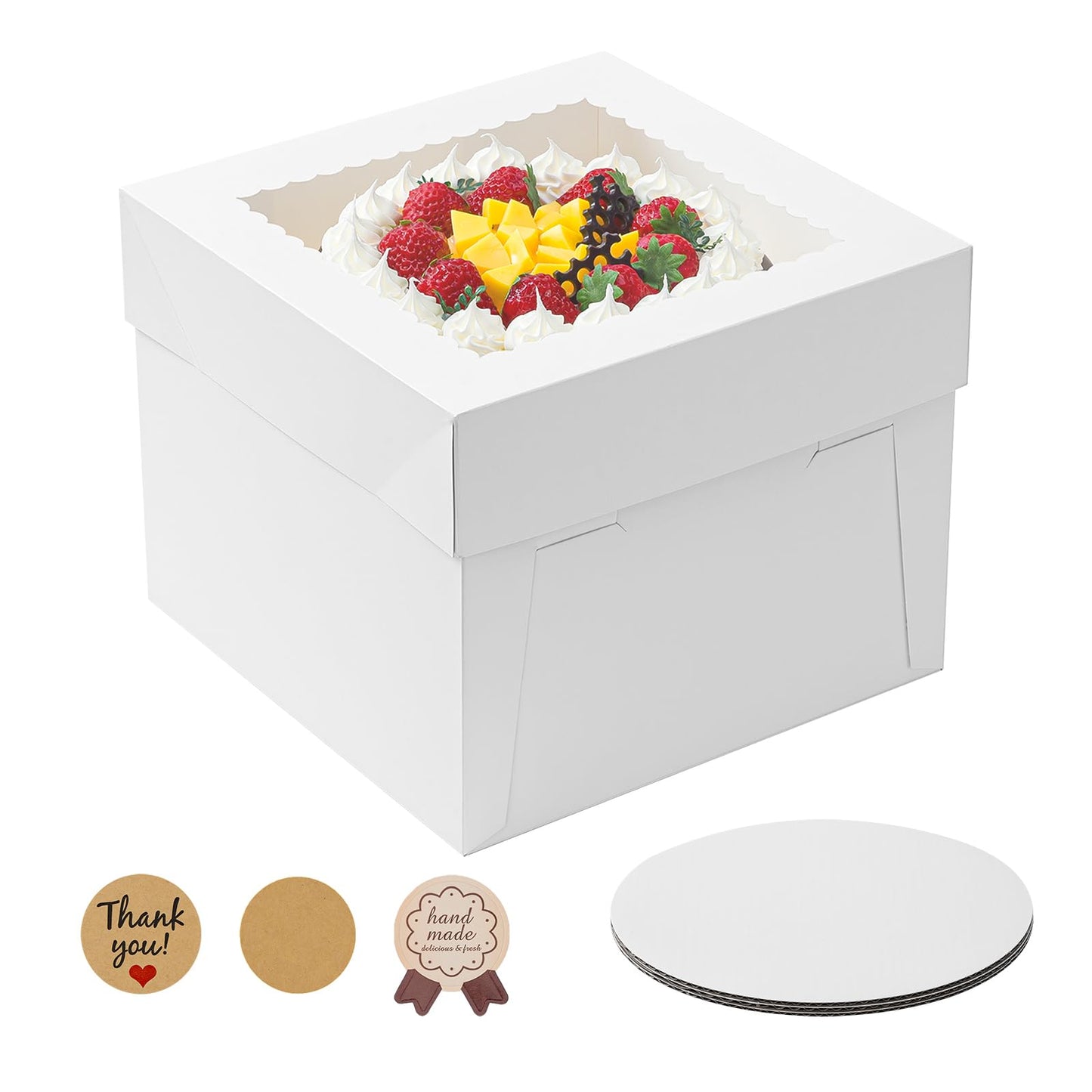 3 Pack Cake Boxes, 10x10x8 Inches Tall Cake Box with Cake Boards, White Bakery Boxes with Window, Disposable Cake Containers with Lids for Cake, Donuts, Pies, Cookies, Wedding, Birthday, Party