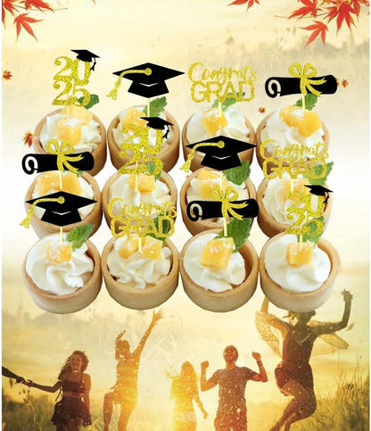 Graduation Cupcake Toppers Decorations Party Supplies, 24 PCS Food/Appetizer Picks For Class of 2025 Mini Cake Decorations, Diploma, Grad Cap Set 24 Pieces (Gold)