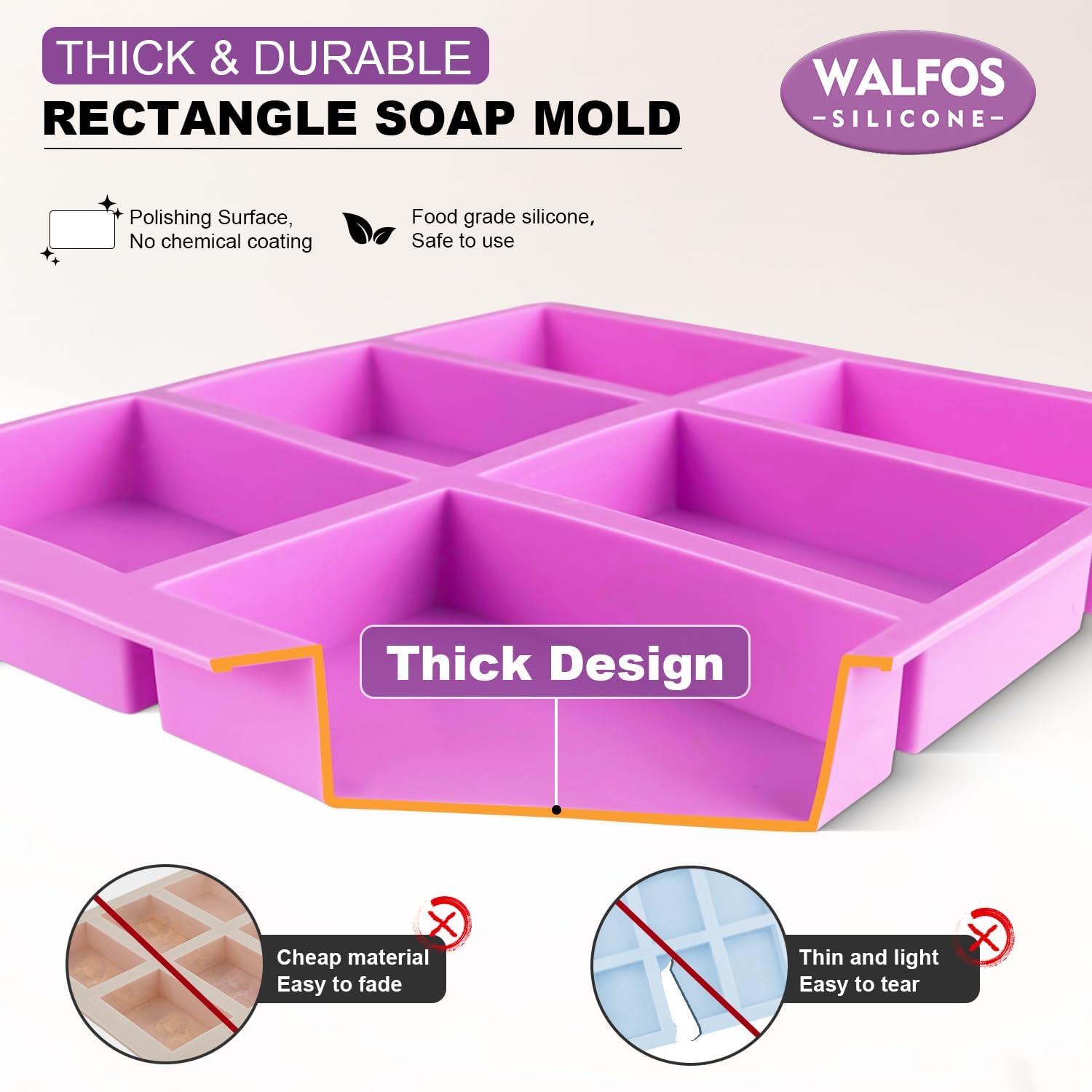 Walfos Silicone Soap Molds Set of 3, 6 Cavities Rectangle Silicone Soap Molds for Homemade Craft Soap Mold, Cake,Chocolate ＆ Ice Cube Tray（Blue & Purple ＆ Pink）