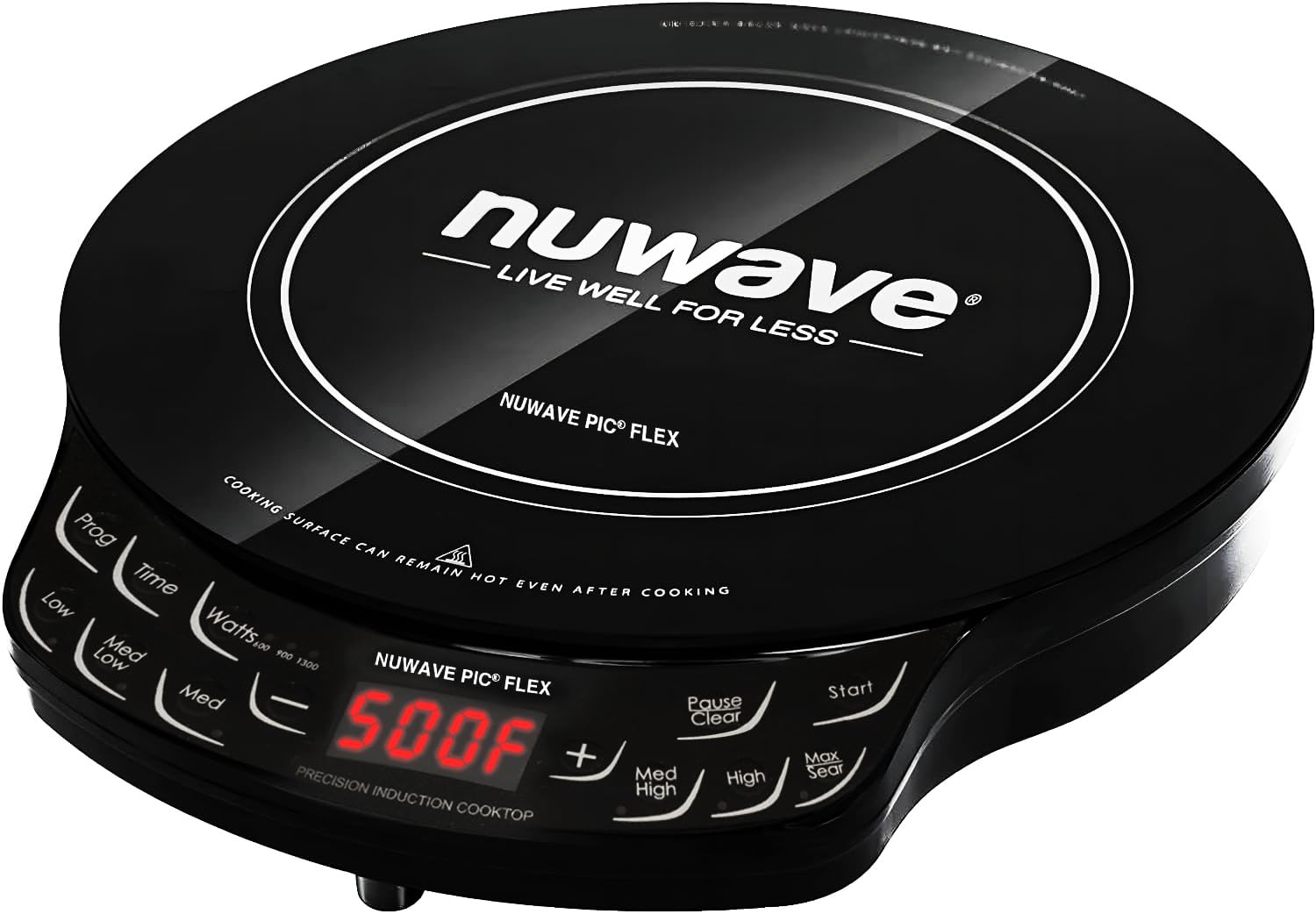 Індукційна варильна поверхня Nuwave Flex Precision, ударостійке склокерамічне скло 10,25 дюйма, нагрівальна спіраль 6,5 дюйма, 45 температур від 100°F до 500°F, 3 режими потужності: 600, 900 та 1300 Вт, чорний колір