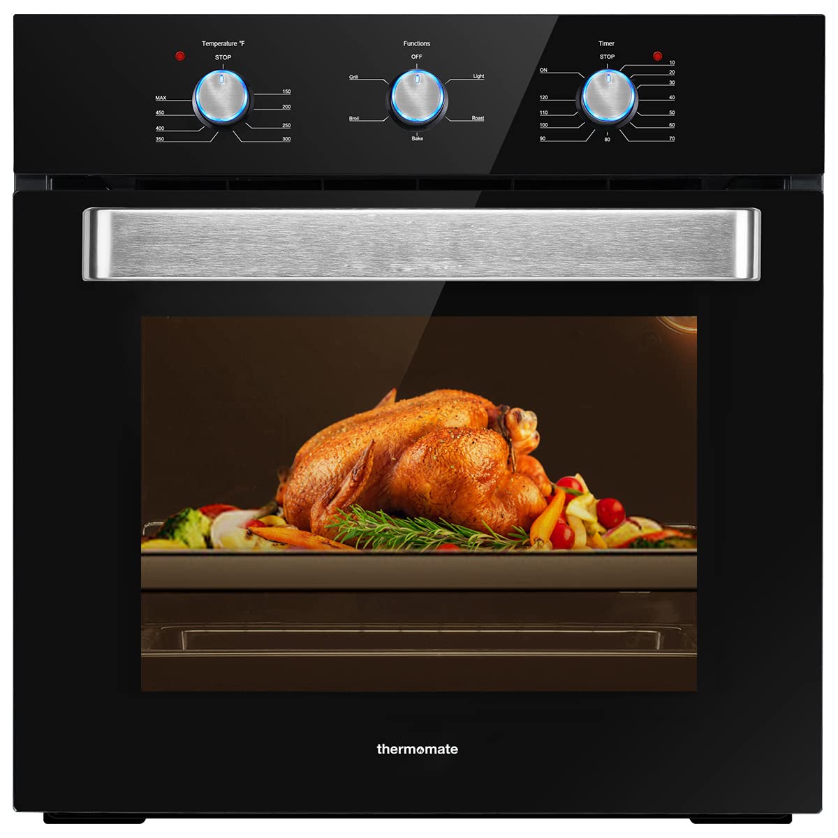 Single Wall Oven, thermomate 24 Inch Electric Wall Oven with 5 Cooking Functions, 2000W Built-in Ovens with Mechanical Knobs Control, Black Tempered Glass Finish, ETL Certified