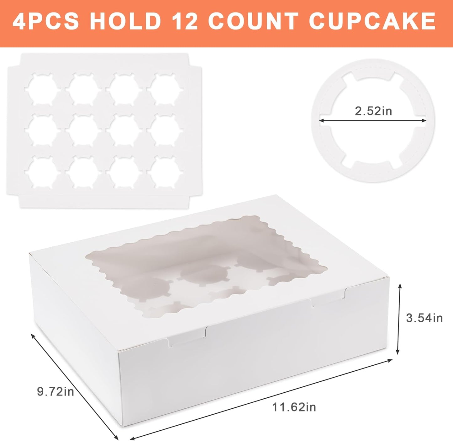 12 Count Cupcake Boxes, 4PCS Cupcake Container with Window, Food Grade Cupcake Holder for Birthday Holiday Party, Bakery Supplies for Cupcakes, Desserts, and More