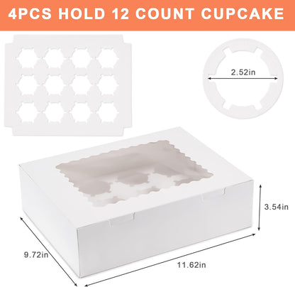 12 Count Cupcake Boxes, 4PCS Cupcake Container with Window, Food Grade Cupcake Holder for Birthday Holiday Party, Bakery Supplies for Cupcakes, Desserts, and More