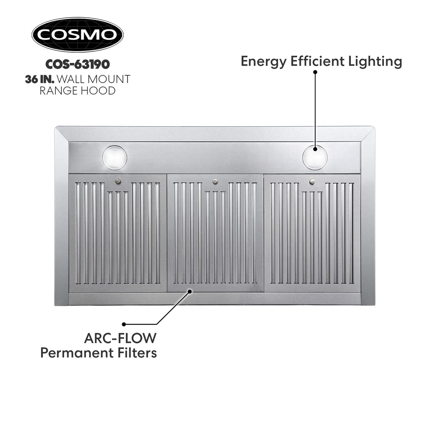 COSMO COS-63190 36 in. Vista Collection 380 CFM Ducted Wall Mount Range Hood, Button Controls, LED Lights, Stainless Steel