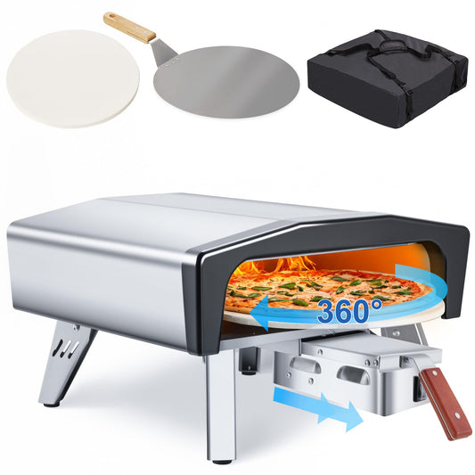 MELLCOM 20" Outdoor Gas Pizza Oven - Pull Out Handle & 360° Automatic Rotating Pizza Stone, Including Pizza Peel, Carry Bag, Portable Stainless Steel Propane Pizza Oven for Grill, Backyard and Camping