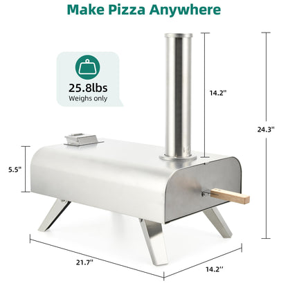 YITAHOME Wood Fired Outdoor Pizza Oven, 12" Portable Pellet Pizza Ovens with Pizza Peel & Pizza Cutter, Woodfire Pizza Maker for Outside Kitchen Cooking Stainless Steel Silver