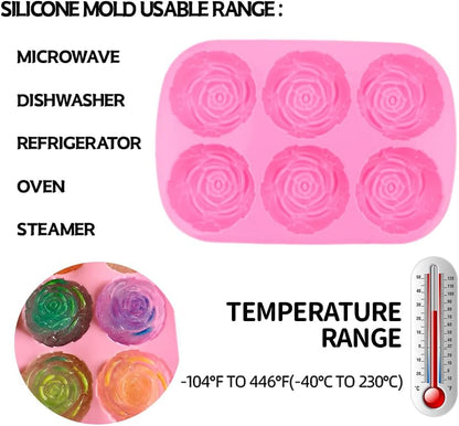 Silicone Mold for Handmade Soap Cake Jelly Pudding Chocolate 6 Cavity Rose Flower Design, Set of 2 Pink