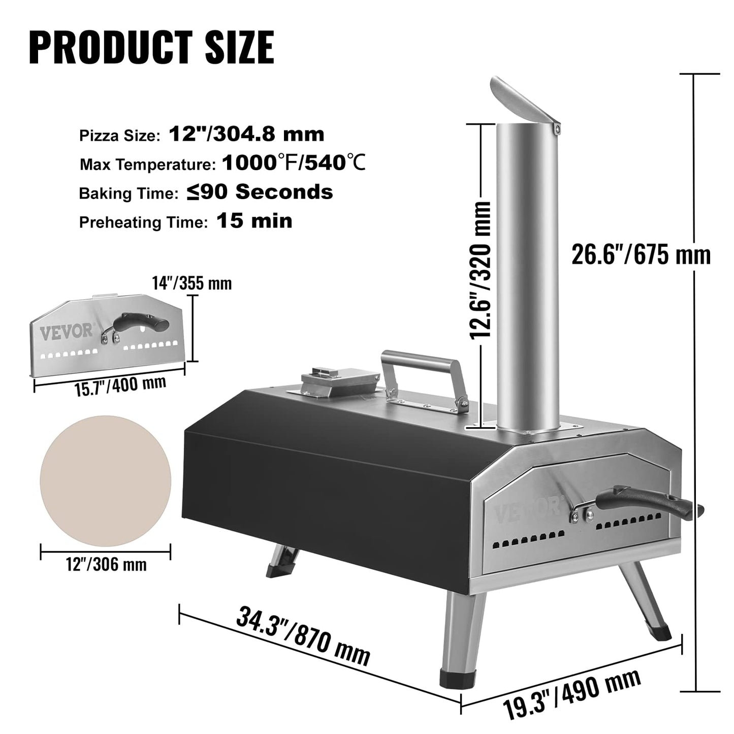 VEVOR Multi-fuel Outdoor Pizza Oven, 12-inch Gas & Wood Fired Pizza Maker with Auto Rotatable Stone, Portable Pizza Ovens for Outside Backyard Camp, Carry Cover, Shovel, CSA Certified, Black