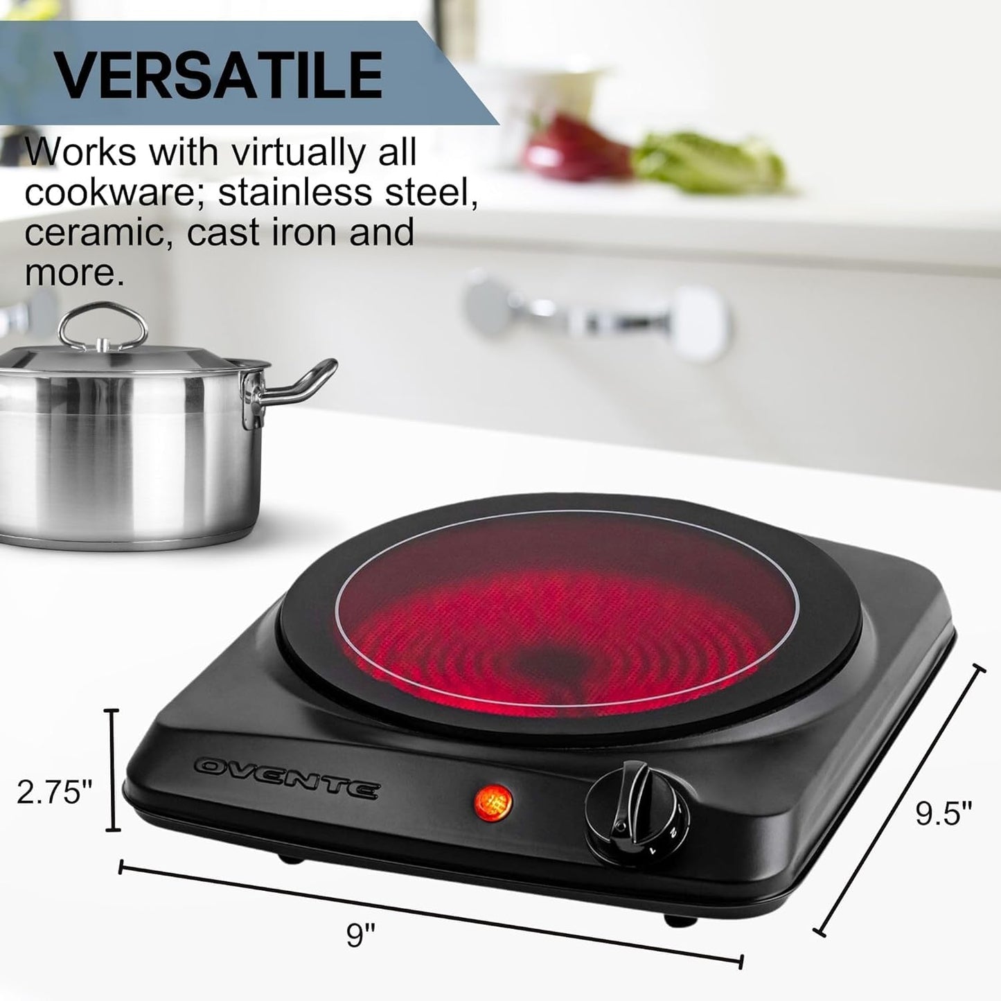 OVENTE Countertop Infrared Single Burner, 1000W Electric Hot Plate with 7” Ceramic Glass Cooktop, 5 Level Temperature Setting & Easy to Clean Base, Compact Stove for Home Dorm Office, Black BGI101B