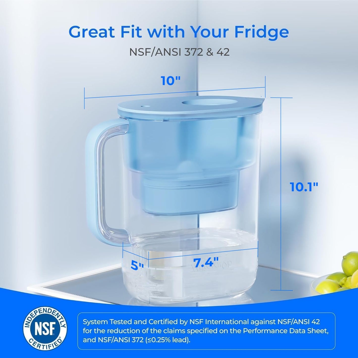 Waterdrop Water Filter Pitcher with 1 Filter, 200-Gallon Long-Life, 10-Cup Large Water Filter Pitcher, NSF Certified, 5X Times Lifetime, Reduces PFOA/PFOS, Chlorine, Blue