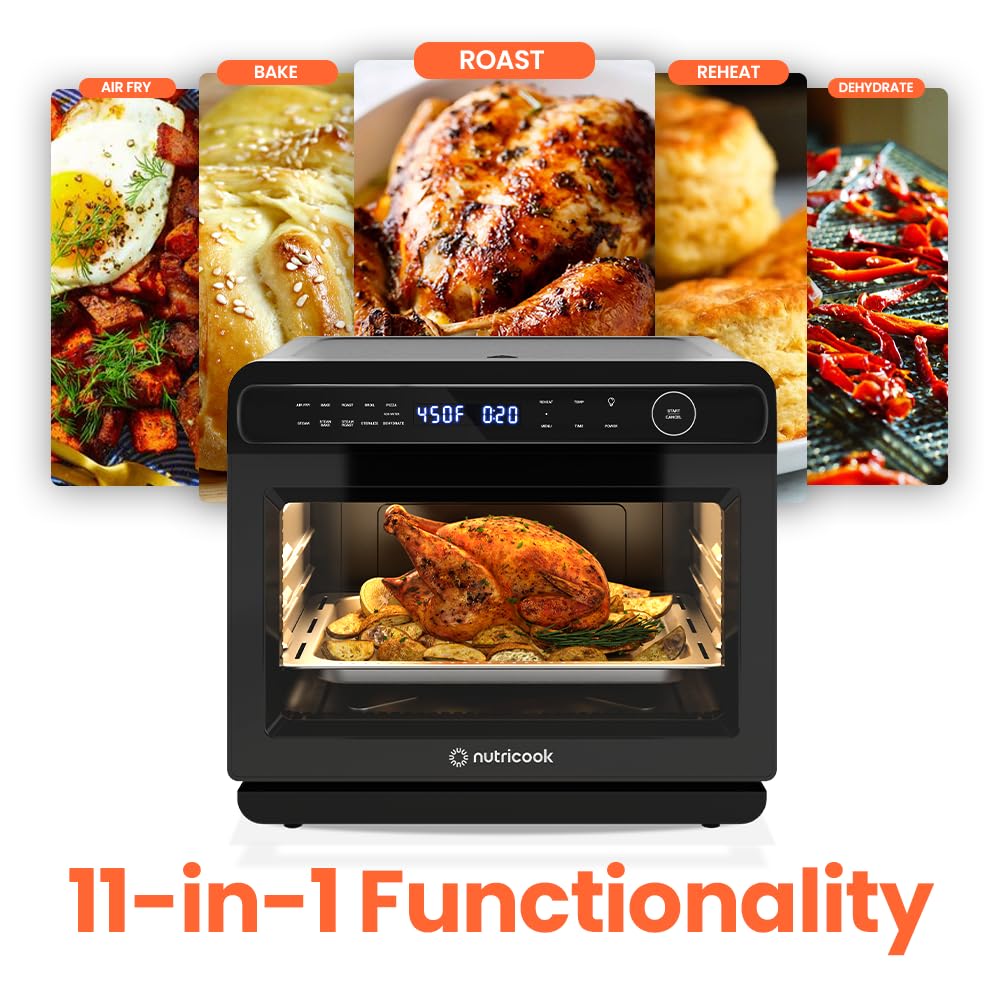 Nutricook Steamami 11 w 1 konwekcyjno-powietrzny frytkownica, 25QT piekarnik blatowy do pieczenia, pieczenia, gotowania na parze, suszenia, pizzy - piekarnik konwekcyjny z akcesoriami do zdrowego gotowania ze stali nierdzewnej