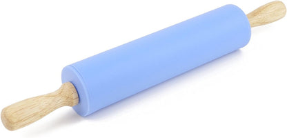 Silicone Rolling Pin Non Stick Surface Wooden Handle (Blue)