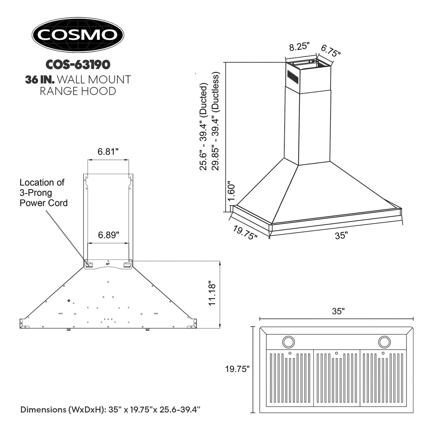 COSMO COS-63190 36 in. Vista Collection 380 CFM Ducted Wall Mount Range Hood, Button Controls, LED Lights, Stainless Steel