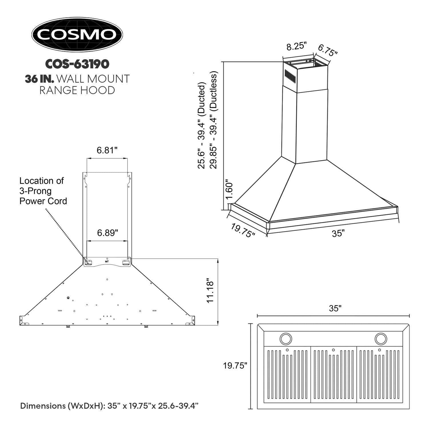 COSMO COS-63190 36 in. Vista Collection 380 CFM Ducted Wall Mount Range Hood, Button Controls, LED Lights, Stainless Steel