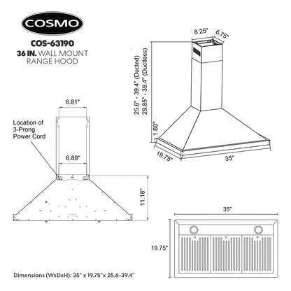 COSMO COS-63190 36 in. Vista Collection 380 CFM Ducted Wall Mount Range Hood, Button Controls, LED Lights, Stainless Steel