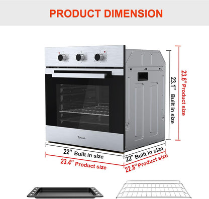 24" Single Wall Oven, 2.3 Cu.ft. Built-in Electric Wall Oven 5 Cooking Functions Roast Bake Grill Broil, Mechanical Knobs Control, Stainless Steel Finish, for Kitchen, ETL Certified