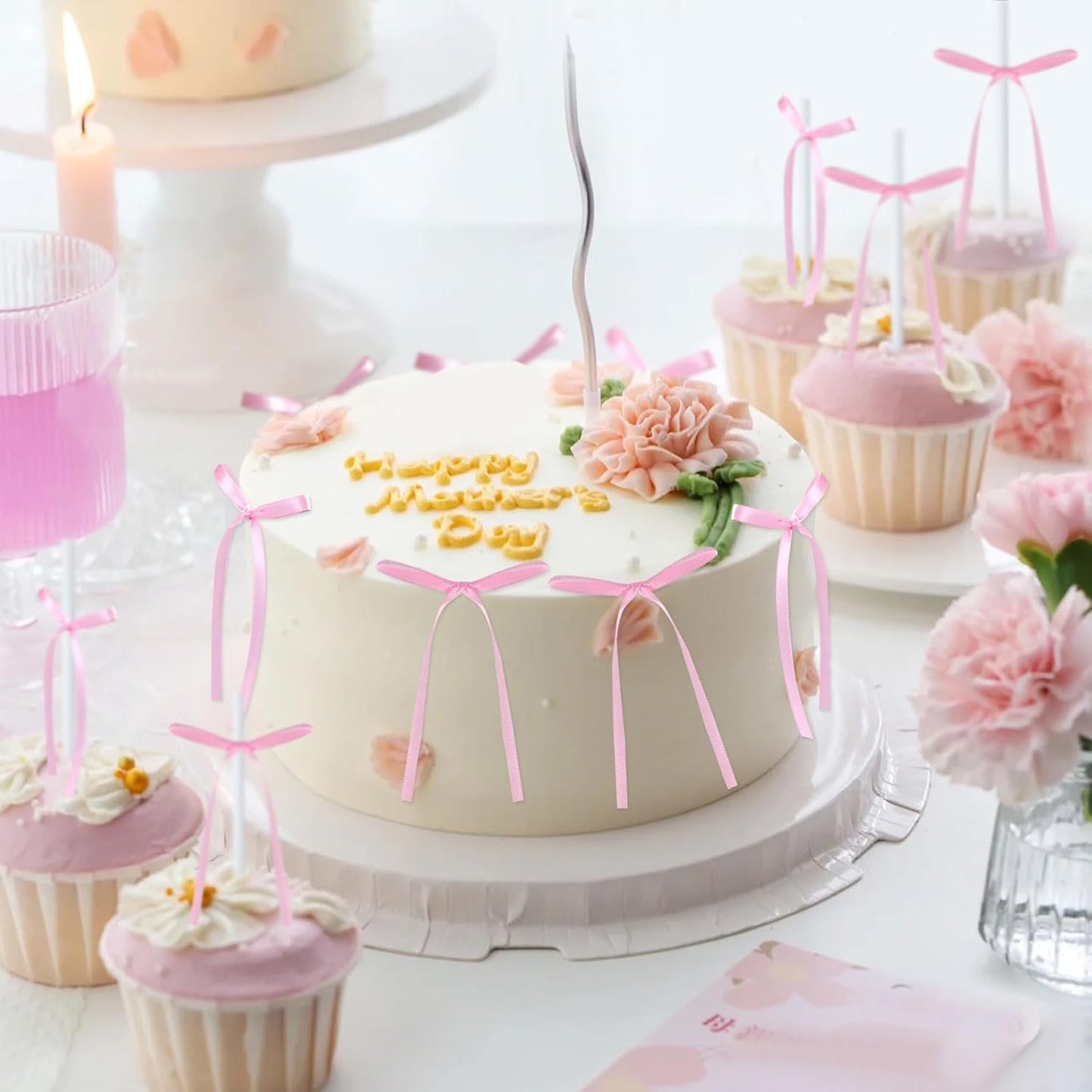 20 Pack Bow Cupcake Toppers Birthday Bowknot Ribbons Coquette Pink Bow High Footed Cup Balloon Wall Party Decorations Bridal Cake Dessert Picks Baby Girl Boy Wedding Party Supplies pink1