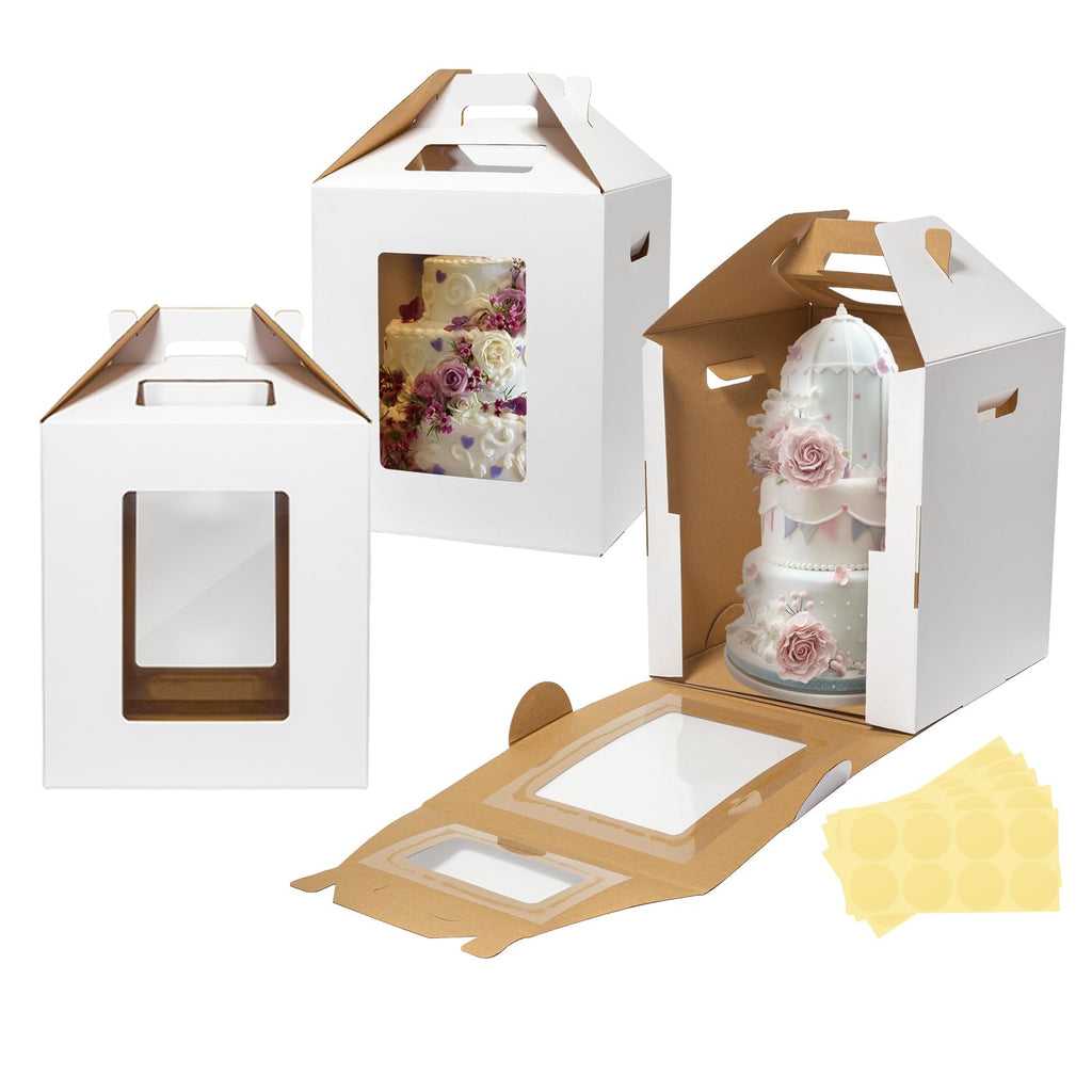 3 Pack Tall Cake Boxes for Tier Cakes 12x12x14 Inch Disposable Layer Tall Baking Carrier with Window Large Tierd Bakery Take Out Transport Containers with Handle for Wedding, Birthday, Party