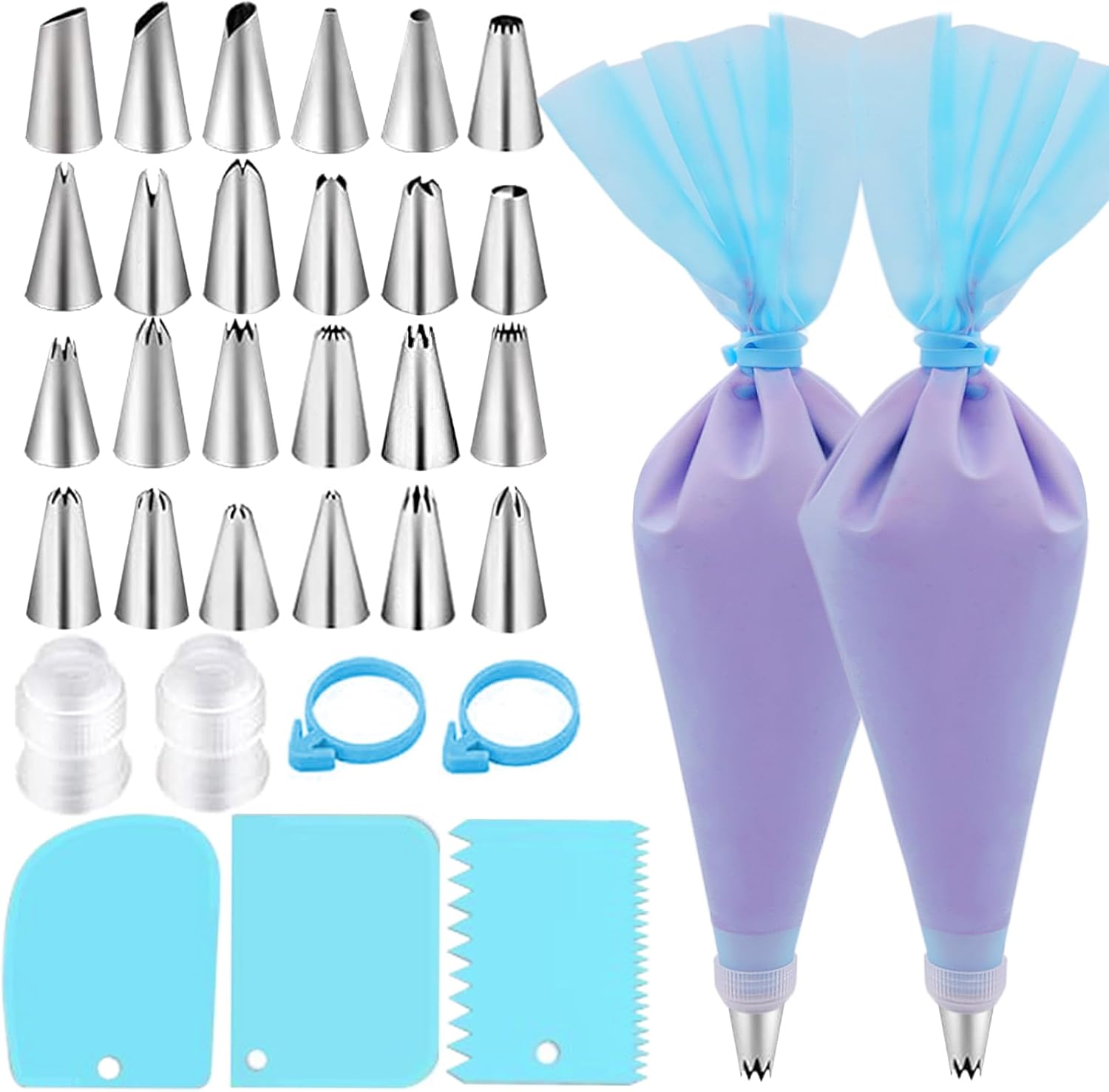 FANTEXY 33-Pieces Piping Bags and Tips Set, Reusable Cake Decorating Kit with 2 Pastry Bags, 24 icing tips, 2 Couplers, 2 Silicone Rings and 3 Scrapers, Cupcake Frosting Piping kit