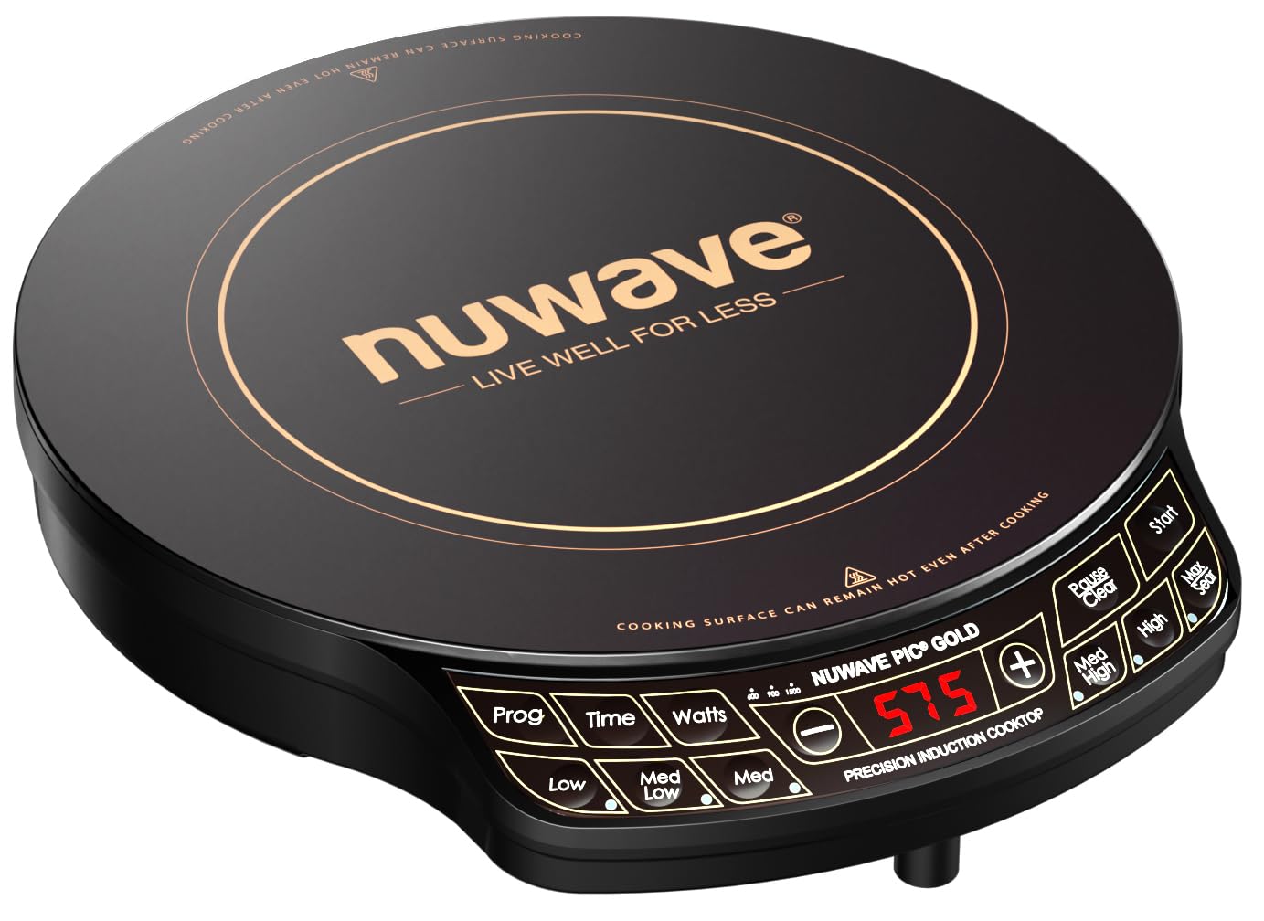 Індукційна варильна поверхня Nuwave Precision золотого кольору, ударостійка склокерамічна поверхня 12 дюймів, велика нагрівальна спіраль 8 дюймів, портативна, 51 режим температури від 100°F до 575°F, 3 режими потужності: 600, 900 та 1500 Вт