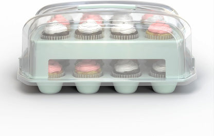 Cupcake Carrier, Green Cupcake Holder Carries 24 Standard-Size Cupcakes, Muffin Traveler Two Tier Stand Reusable Cupcake Box
