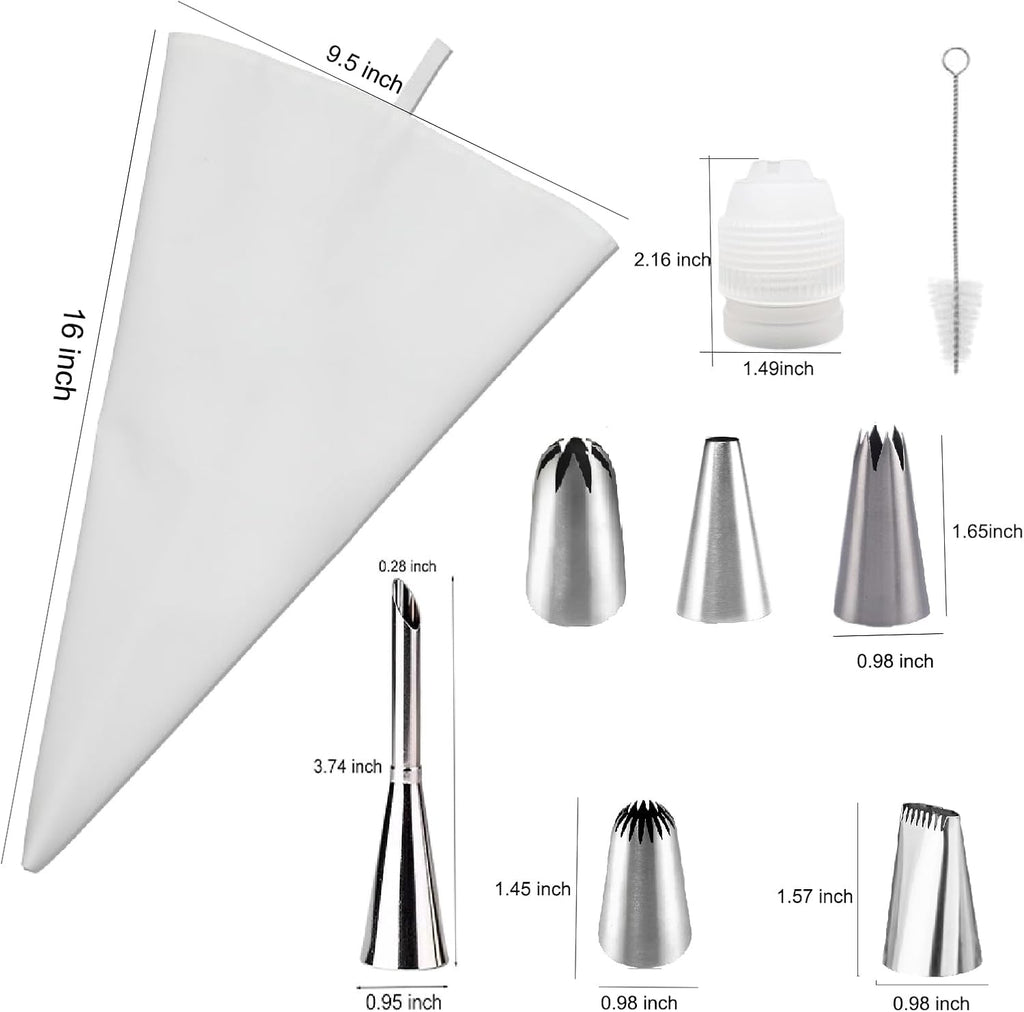 Reusable Cotton Piping Bags and Tips Set- Frosting Piping Kit for Baking 6pcs Large Stainless Icing Tips for Cake Decorating- Icing Bag,Coupler I Professional Cupcake Kit