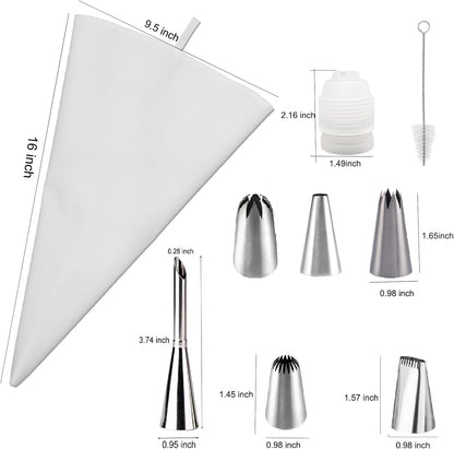 Reusable Cotton Piping Bags and Tips Set- Frosting Piping Kit for Baking 6pcs Large Stainless Icing Tips for Cake Decorating- Icing Bag,Coupler I Professional Cupcake Kit