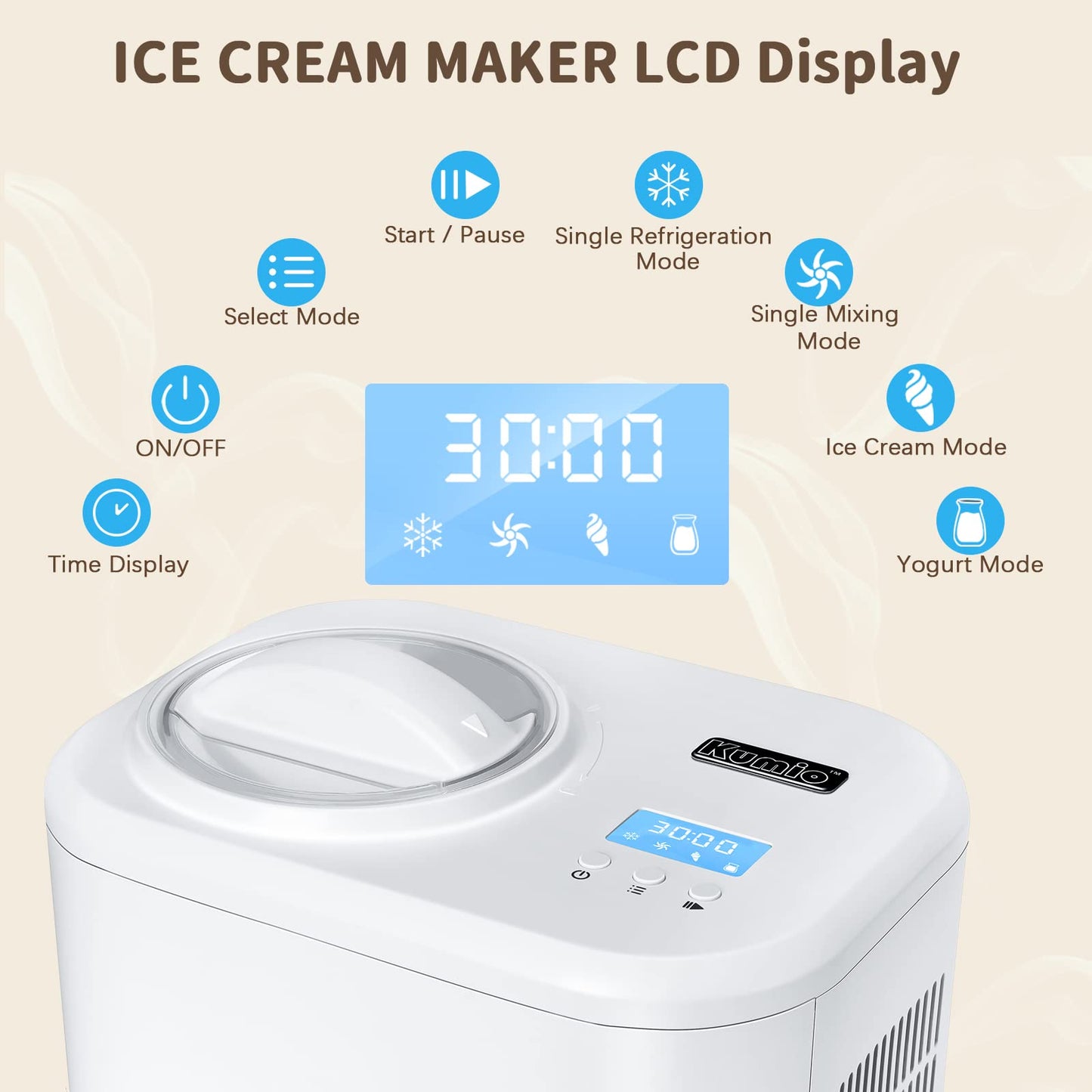 KUMIO 1.2-Quart Automatic Ice Cream Maker with Compressor, No Pre-freezing, 4 Modes Frozen Yogurt Machine with LCD Display & Timer, Electric Sorbet Maker Gelato Maker, Keep Cool Function