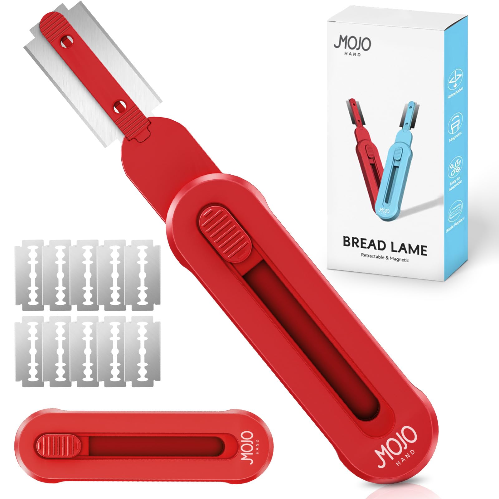 Bread lame for Dough, Magnetic & Reusable Bread Lame Dough Scoring Tool, Anti-Slip Handle with Long Retractable Razor blades, Sourdough Scoring tool for Bread Making (Blue)